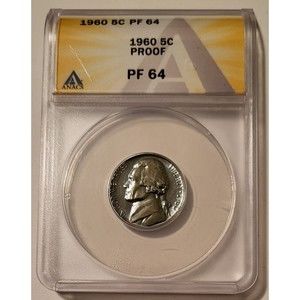 1960 Jefferson Nickel Proof PF64 ANACS Light Steel-Blue Toning